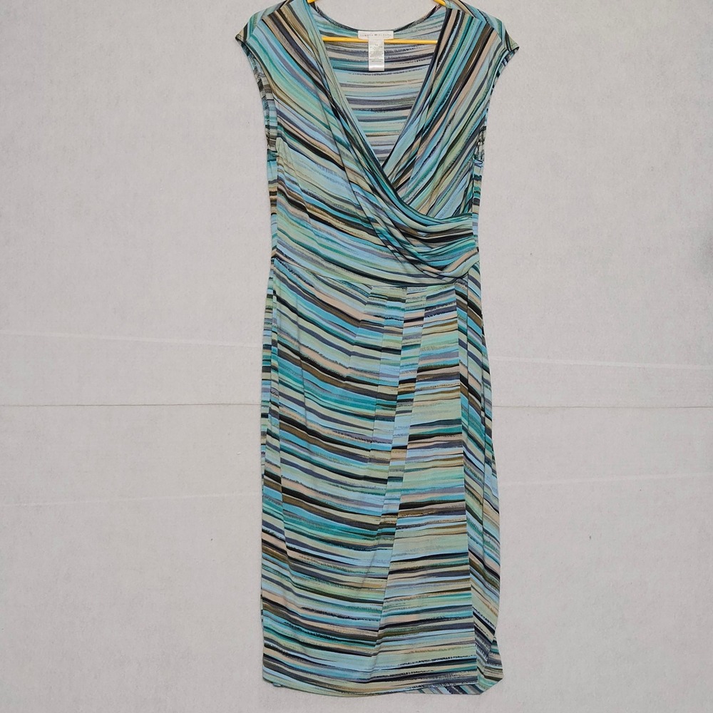 London Style Size 14 Blue Striped Faux  Sleeveless Midi Dress 
ptp:‎ 19"